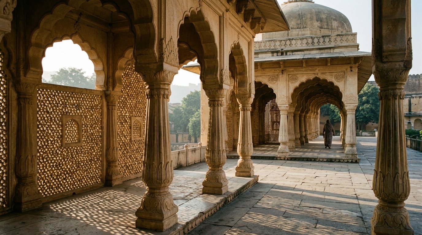 Historic Indian stone colonnade and carved jali screens