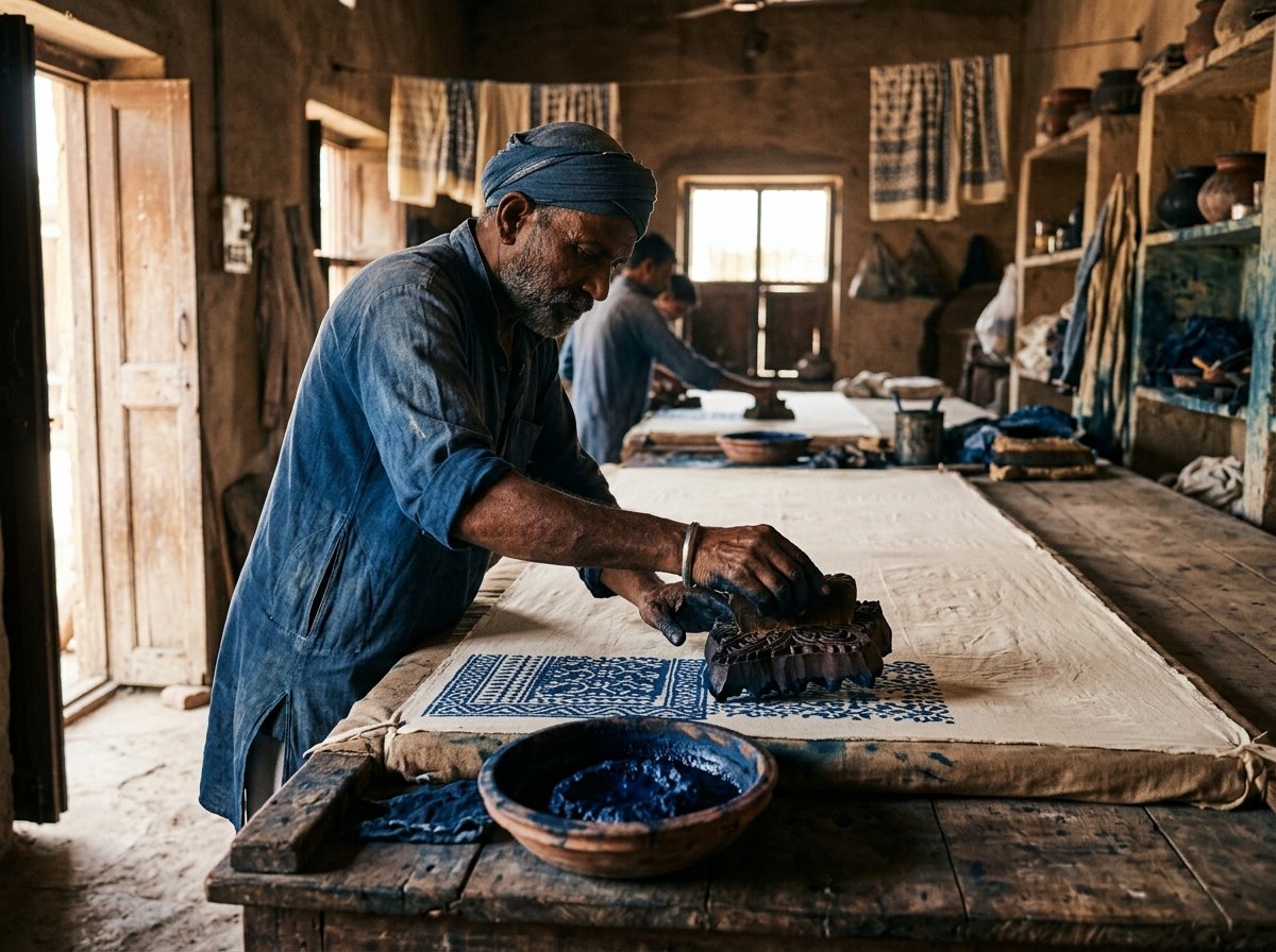 Master block printer stamping indigo resist onto organic handloom cotton fabric