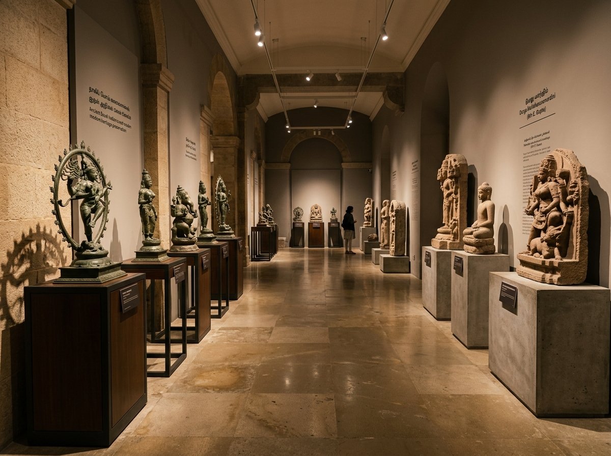 Curated museum gallery exhibiting historic bronzes and antiquities with modern lighting